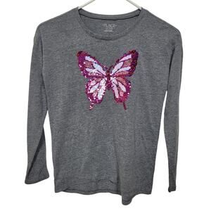 PLACE Girls Grey Sequin Butterfly Long Sleeve Asymmetrical T-Shirt Top Size L